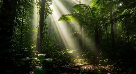 Obraz premium Sunbeams illuminate a lush, verdant rainforest, casting ethereal rays through the dense canopy onto the forest floor