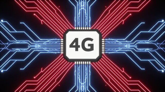 4G microchip with glowing red and blue circuit lines technology concept.