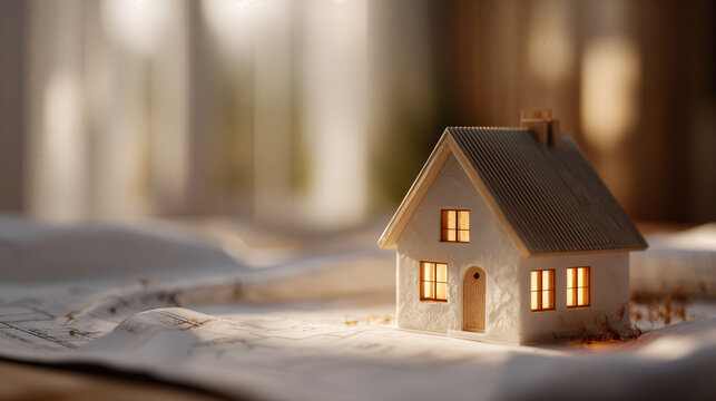 Architect's Table Warmly Lit Miniature House Model on Blueprint for Dream Home