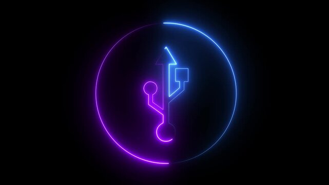 Glowing neon USB cables icon . neon adapter icon animation on black background. USB socket cable icon .USB sign concept animation. 4k motion graphics animation.