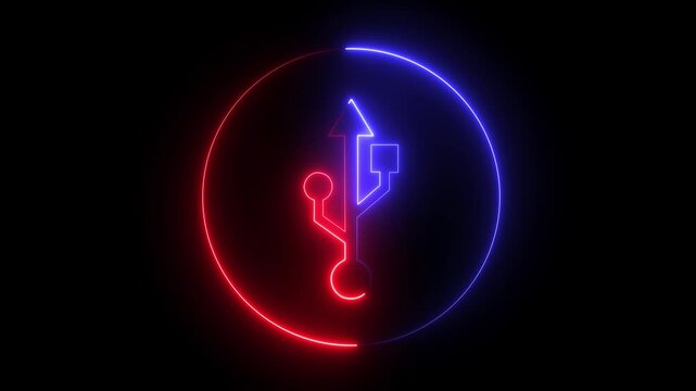 Glowing neon USB cables icon . neon adapter icon animation on black background. USB socket cable icon .USB sign concept animation. 4k motion graphics animation.