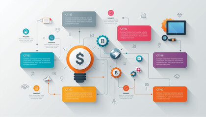 Colorful infographic template with various icons and text boxes on a light gray background for business or finance concepts