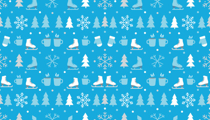 Festive winter pattern with ice skates fir trees snowflakes and steaming mugs on a blue background