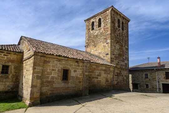 Stone facade of Santa Eulalia Church in Celada de Robledillo