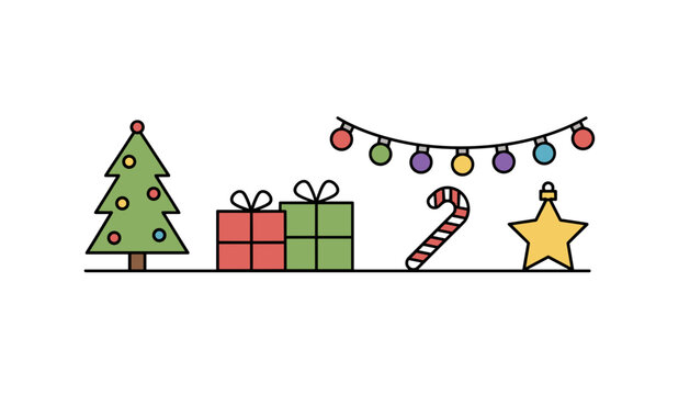 Simple Christmas vector icons tree gifts string lights candy cane and star isolated on white