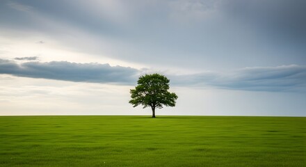 Fototapeta premium A lone green tree stands majestically in the center of a boundless vibrant green field, reaching towards a grand, cloud-swept sky, embodying enduring solitude and natural resilience