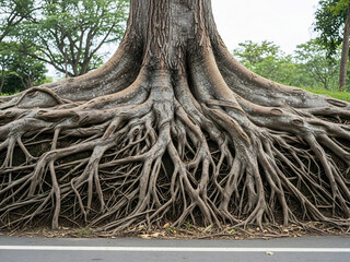 웅장한 뿌리가 넓게 펼쳐진 고목의 위엄