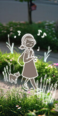 Fototapeta premium A girl with headphones and a backpack walks with her cat, surrounded by glowing plants and musical notes.