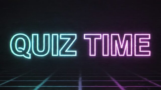 Neon 'QUIZ TIME' text with a retro digital grid background, glowing in blue-green and pink-purple.