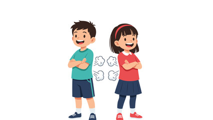 Fototapeta premium Two children standing back to back with their arms crossed and laughing as puffs of smoke indicate they are both farting loudly.