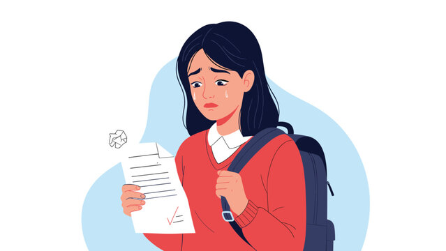 Sad student with a backpack looking at a graded exam paper with tears in her eyes after receiving poor marks or failing an important school test.