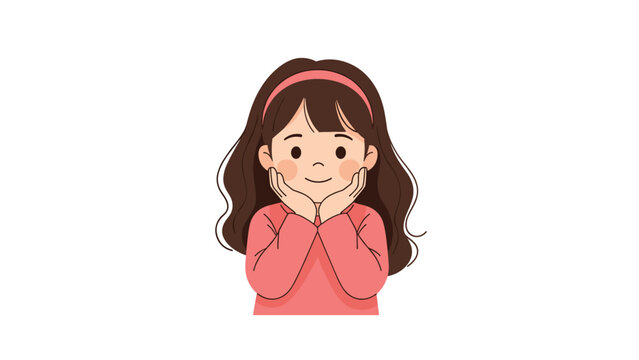 Sweet young girl with long brown hair and a pink headband smiling while resting her face in her hands and looking directly at the camera.