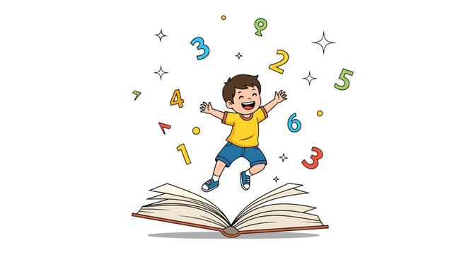 Energetic young boy jumping with excitement above an open book as colorful numbers float around him to represent fun math learning.