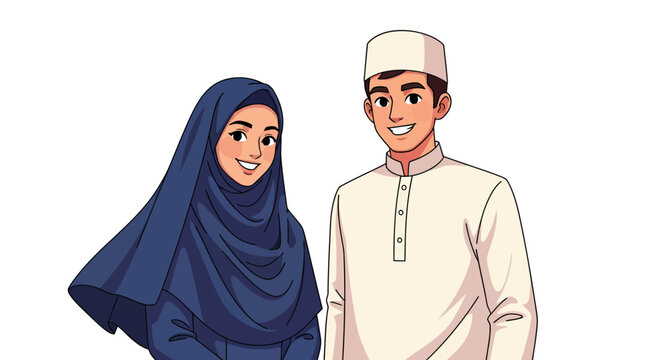 Smiling Young Muslim Couple in Traditional Attire