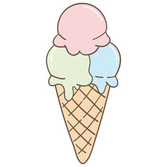Three Scoops Ice Cream in Cone Illustration