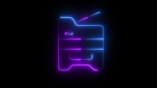 Glowing neon photocopier icon .copying document line animation on black background. copy machine in office .multifunction printer . 4k motion graphics animation.