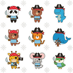 Fototapeta premium Cute pirate animal characters collection including panda tiger mouse and dinosaur vector illustration set