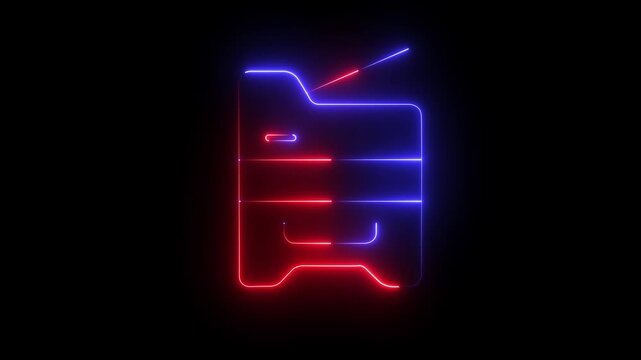 Glowing neon photocopier icon .copying document line animation on black background. copy machine in office .multifunction printer . 4k motion graphics animation.