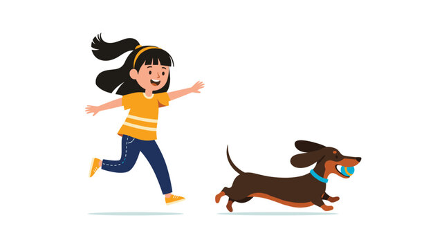 Energetic young girl with pigtails running joyfully across a field to catch up with a dachshund dog carrying a blue ball in its mouth.