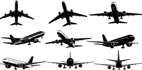 Commercial airplane silhouette illustration set showing passenger jets from multiple angles, takeoff and landing views, modern aviation transport in black vector style