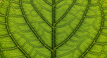 Obraz premium Intricate macro photography of a glowing green leaf, emphasizing its delicate vascular system and natural organic design, a symbol of growth and ecological health
