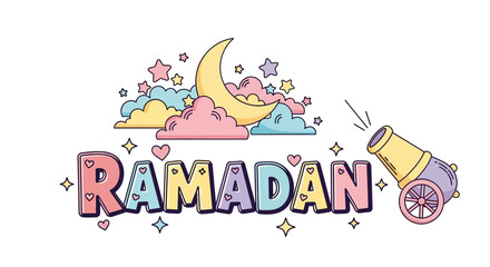 Obraz premium Colorful Ramadan Celebration with Crescent Moon and Clouds