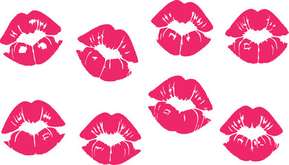 Set of pink lipstick kiss marks on white background for valentines day romantic makeup beauty illustration and sexy love greeting cards