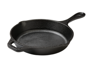A close-up shot of a black cast iron frying pan, perfect for cooking. The pan sits on a flat surface, demonstrating its design for kitchen use. Isolated Transparent Background, PNG