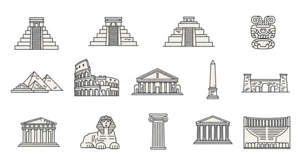 Fototapeta premium Collection of ancient and historical landmarks and monuments in line art style