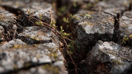 Moss and tiny plants grow in the deep crack of a textured stone. Use for growth, resilience, nature or overcoming adversity concepts.