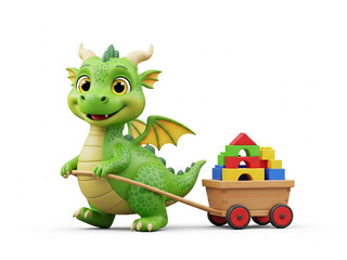 귀여운 용, 블록 카트 끌며 활짝 웃다