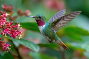 Fototapeta premium Vibrant hummingbird with pink throat flies near beautiful, red flowers. Ideal for nature blog, illustrating wildlife, or promoting eco tourism.