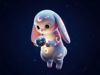 귀여운 토끼가 지구를 신비롭게 바라본다