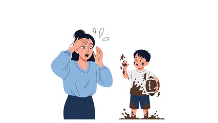 Surprised and shocked mother holds her face as her young son returns home covered in brown mud after playing outside with a football.