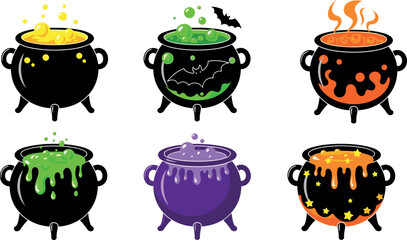Halloween magic cauldron illustration set with colorful bubbling potions, spooky witch brew elements, cartoon fantasy icons isolated on white background
