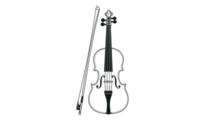 Fototapeta premium Classic wooden violin standing upright with its bow leaning against it in a clean black and white line art illustration.