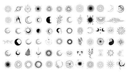 Vector illustration set of moon phases. Different stages of moonlight activity in vintage engraving style. Zodiac Signs  © chikovnaya
