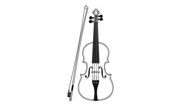 Classic wooden violin standing upright with its bow leaning against it in a clean black and white line art illustration.