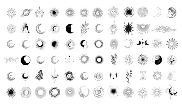 Vector illustration set of moon phases. Different stages of moonlight activity in vintage engraving style. Zodiac Signs	