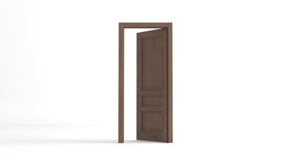 Open wooden door with frame isolated on background.