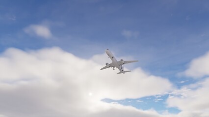 Obraz premium Airplane impressive landing flying overhead. Airplane flies in blue sky. Travel. Airplane takes off against the background of blue sky.