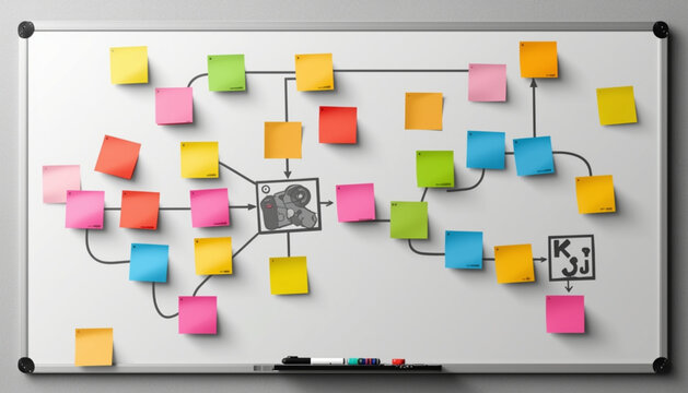 A whiteboard with a complex flowchart or mind map drawn on it using colorful sticky notes and black markers on a gray background