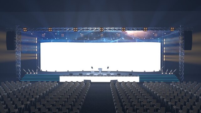 Conference Stage Designs. Meeting event scene, party scene design. Empty stage design for mockup and corporate identity, display. Platform elements in hall.