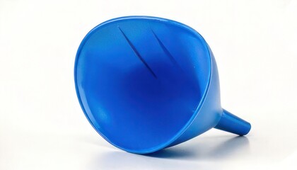 Blue plastic funnel on white background for liquid transfer.