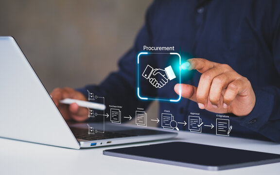 Smart procurement process workflow, Digital contract document approval, Vendor List, Businessman managing e-procurement, B2B Procurement System Interface, paperless invoice, representing B2B sourcing