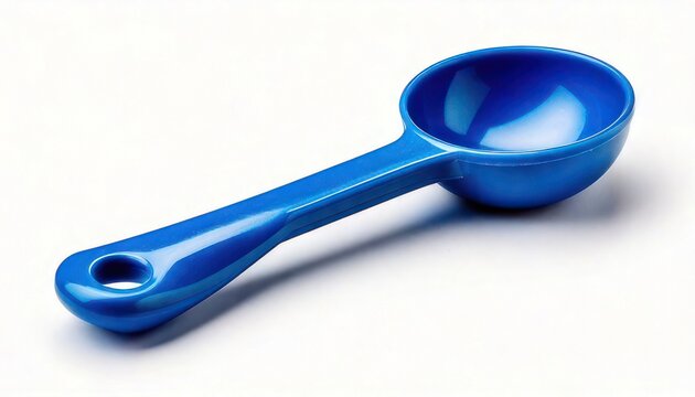 Blue Plastic Measuring Spoon Isolated on White Background, Kitchen Utensil.
