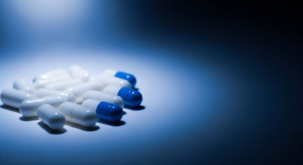 푸른 조명 아래 알약 무리가 빛나다