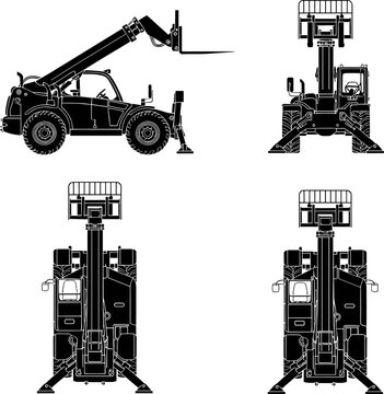 Detailed Vector Silhouette Set of Telehandler Heavy Construction Equipment: Telescopic Boom Forklift Machine Views - Side, Front, and Top Blueprint Outline for Industrial Design Projects.