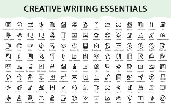 Creative writing and content creation icons set featuring editing, documents, copyright, marketing, blogging, publishing, and productivity tools