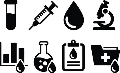 Obraz premium blood lab icons blood drop syringe microscope sample analysis set